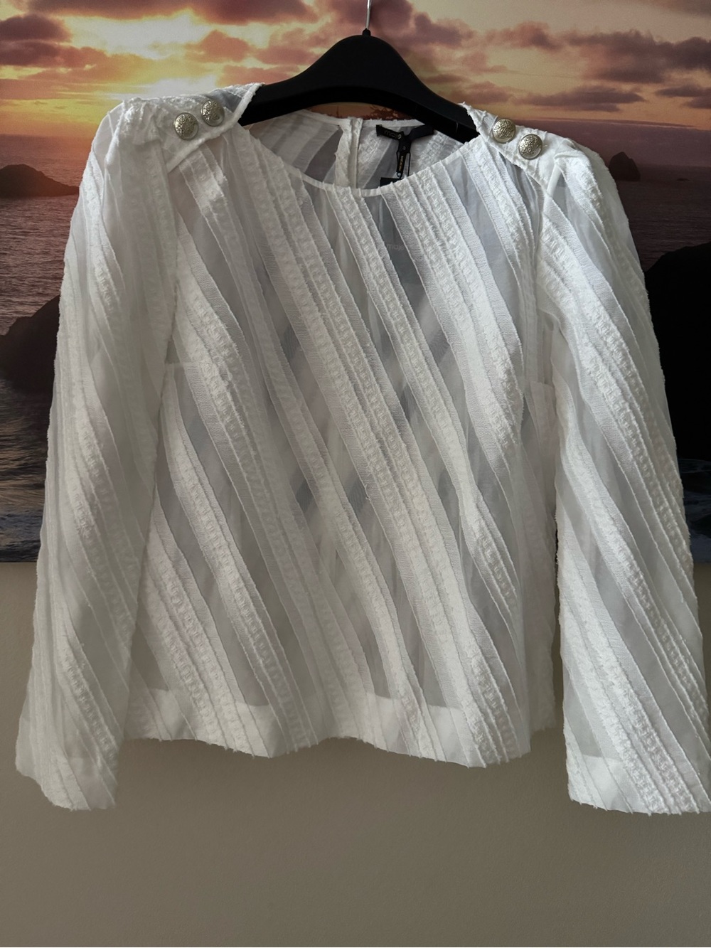Maje White Ecru Steipe Textured Long-Sleeve Blouse Shoulder Buttons/T3/S/NWT